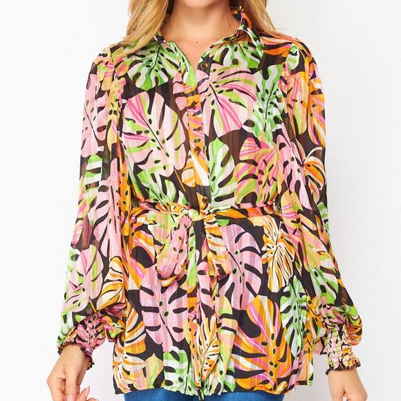 Women's Long Sleeve Button Up Leaf Print Shimmer Blouse Multicolor - Picture 4 of 8